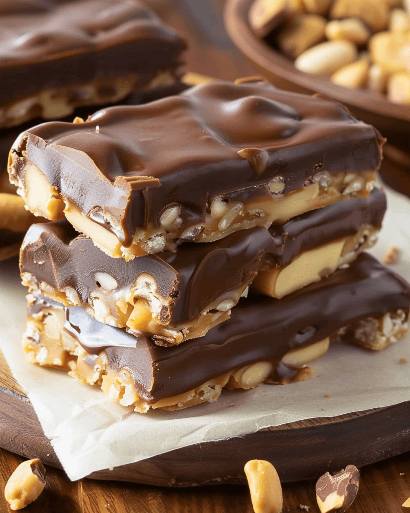 A stack of homemade Snickers bars with layers of chocolate, caramel, peanuts, and nougat on a wooden board, with scattered peanuts in the background.