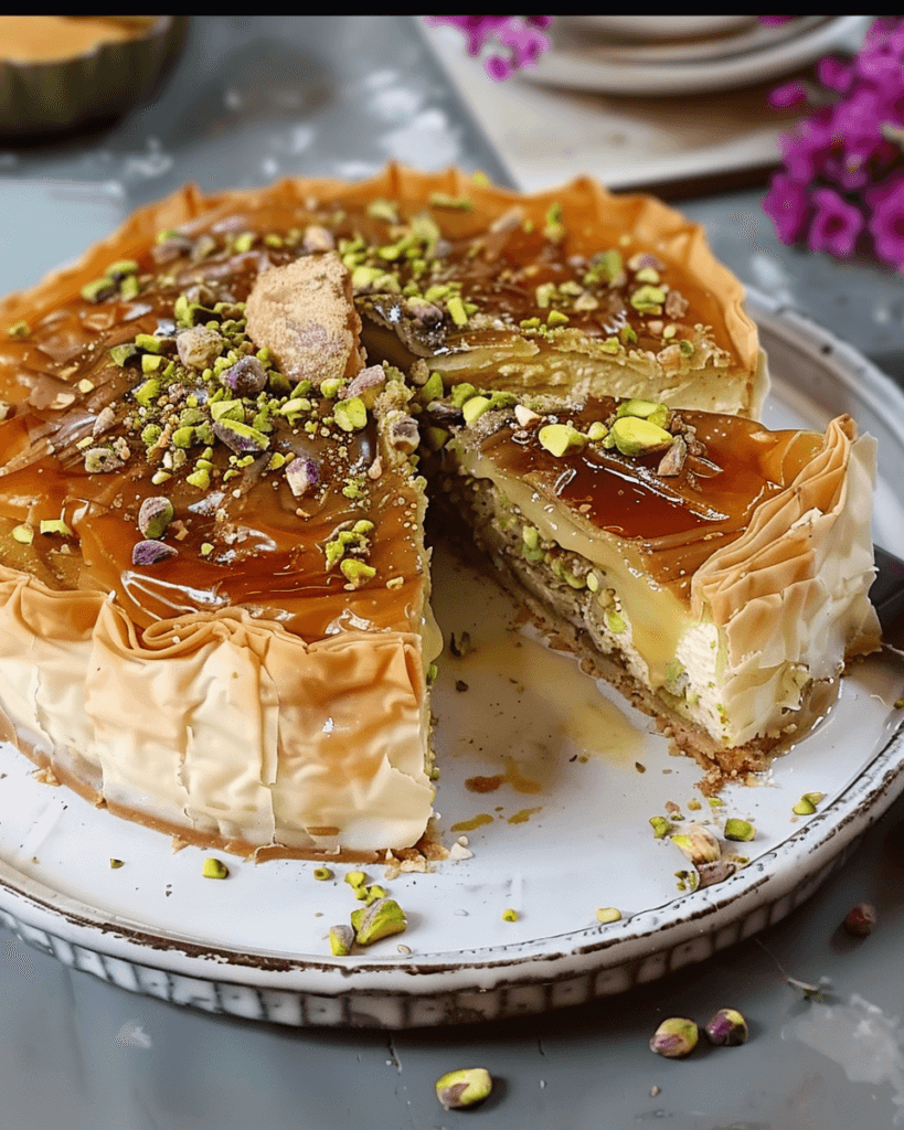A rich and creamy baklava cheesecake topped with golden honey, crispy phyllo layers, and crunchy pistachios.