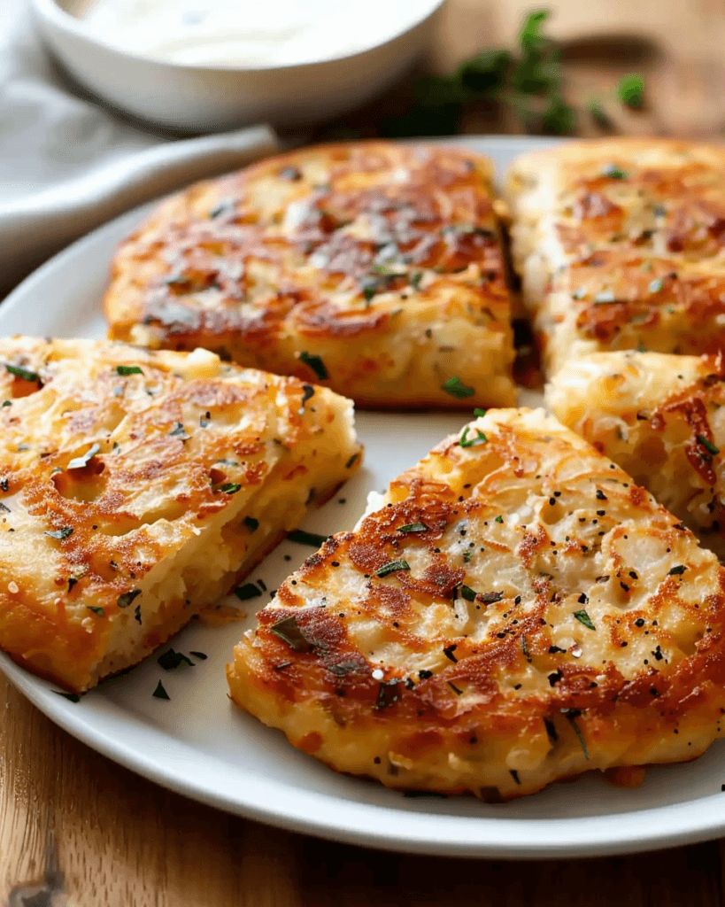 Golden brown Irish potato cakes (potato farls) served on a white plate, garnished with fresh herbs.