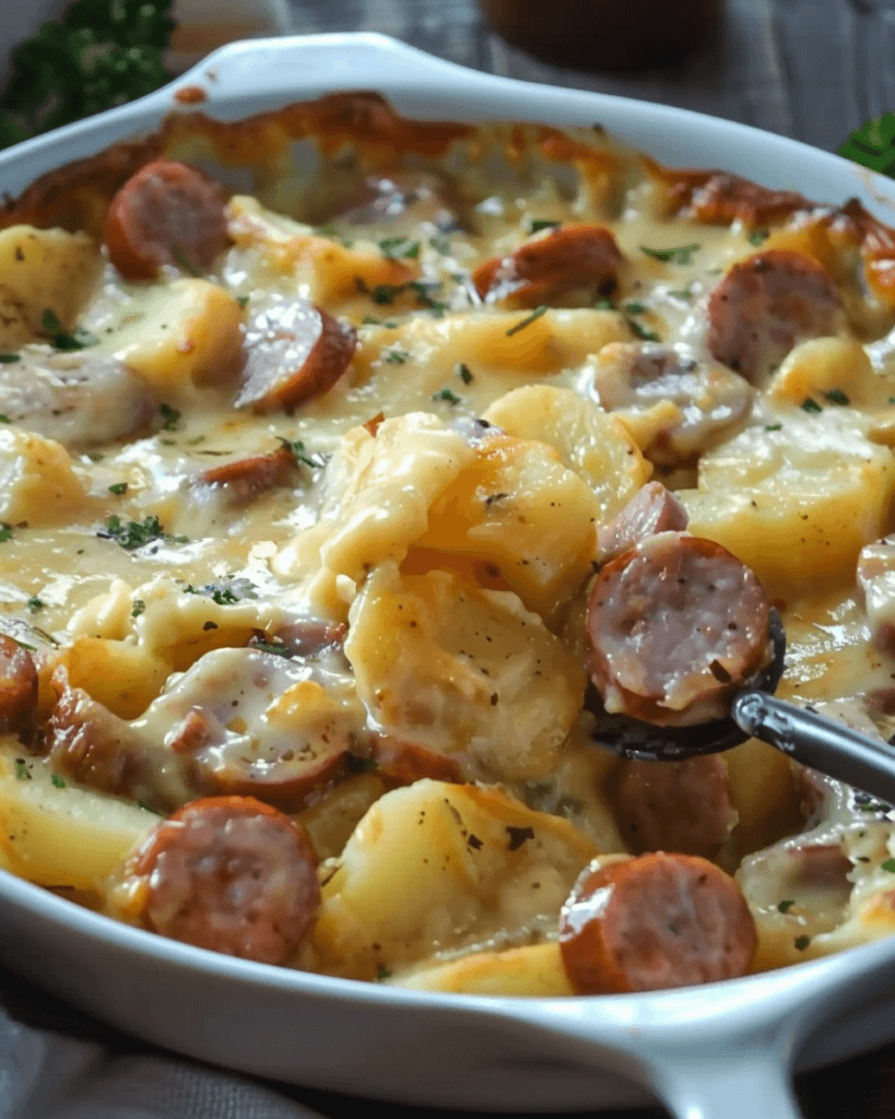 A rich and creamy baked casserole with smoked kielbasa, tender potatoes, and gooey melted cheese, served in a white dish.