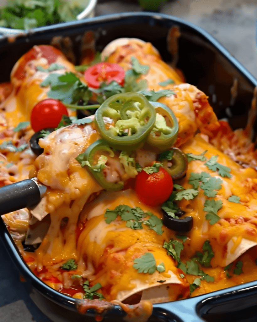 A pan of cheesy lazy enchiladas topped with sliced jalapeños, cherry tomatoes, olives, and cilantro.