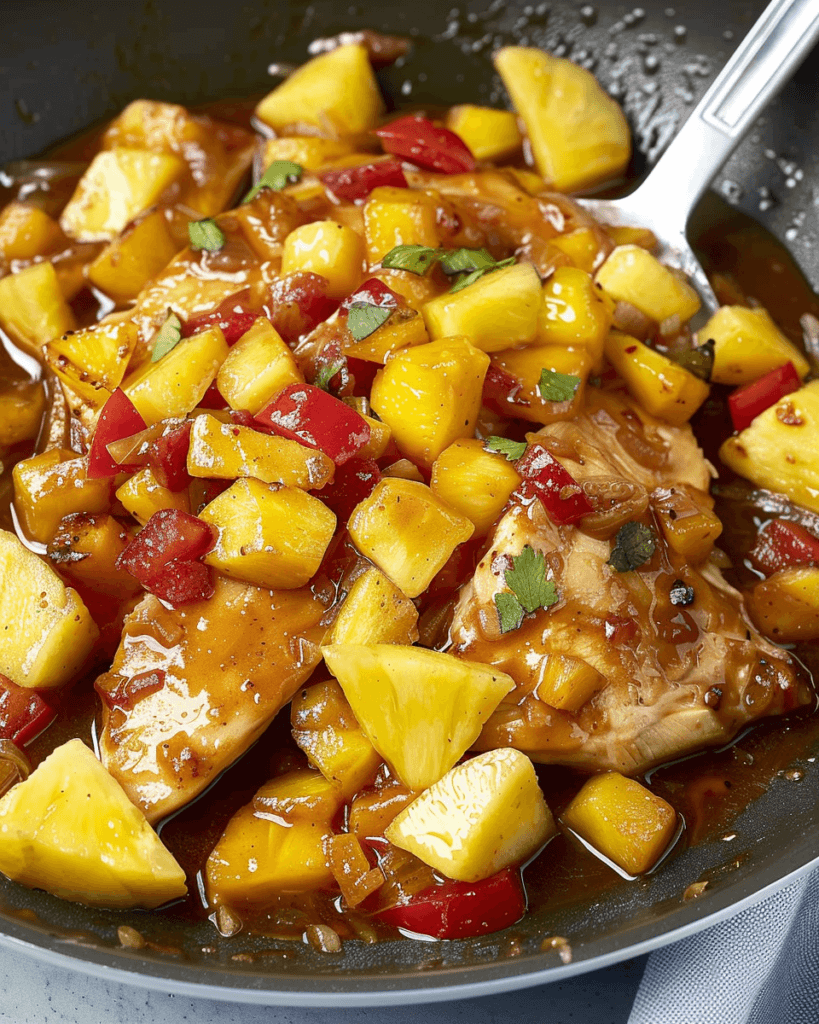 A close-up of Lemon Ginger Chicken topped with Pineapple Mango Salsa, featuring tender chicken in a glossy, citrus-ginger sauce with pineapple, mango, red bell peppers, and fresh cilantro.