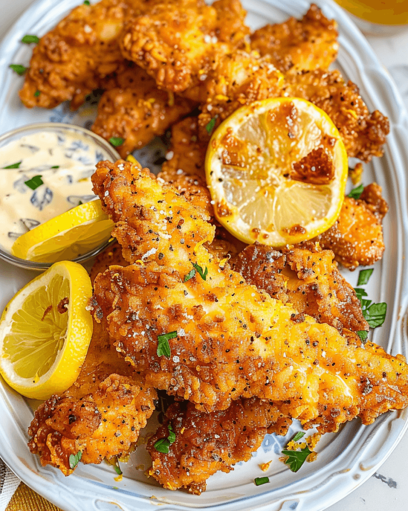 Crispy golden-brown lemon pepper chicken tenders garnished with parsley and served with lemon slices and dipping sauce.