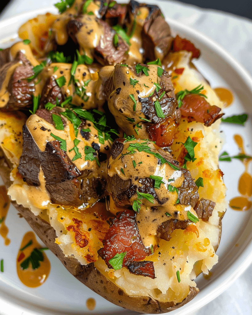 A crispy baked potato loaded with juicy garlic butter steak bites, melted cheese, and drizzled with a creamy sauce, garnished with fresh herbs.