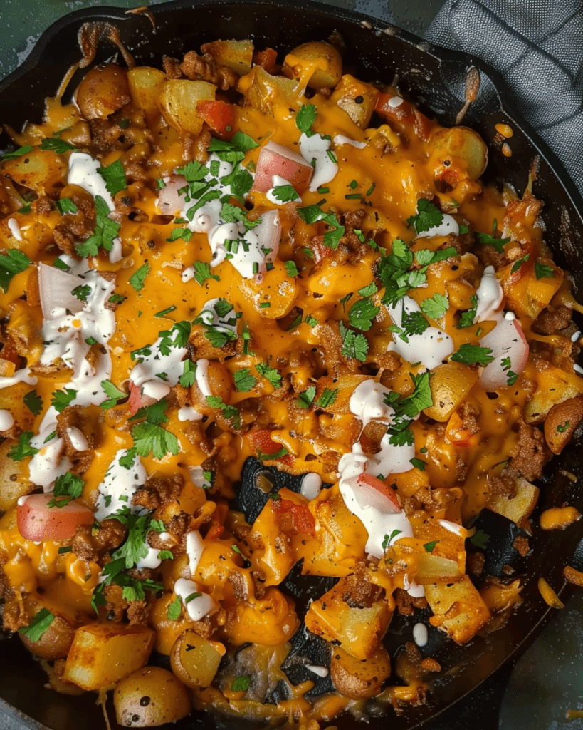 A cast iron skillet filled with crispy golden potatoes, seasoned ground beef, melted cheddar cheese, taco spices, sour cream drizzle, and garnished with chopped cilantro and red onions.