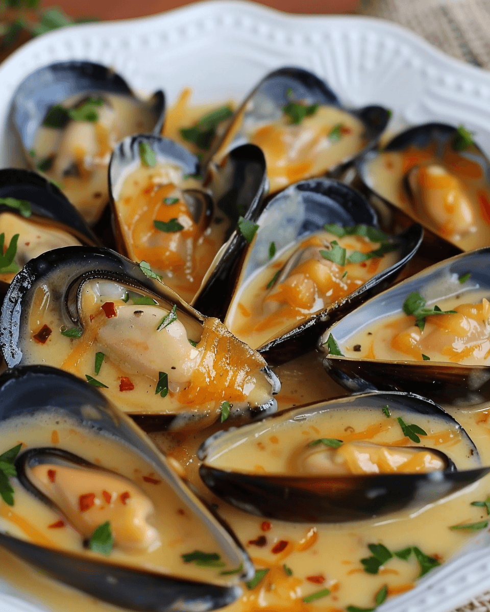 Succulent mussels in their shells, smothered in rich garlic butter sauce and melted cheddar cheese, garnished with fresh parsley and chili flakes.