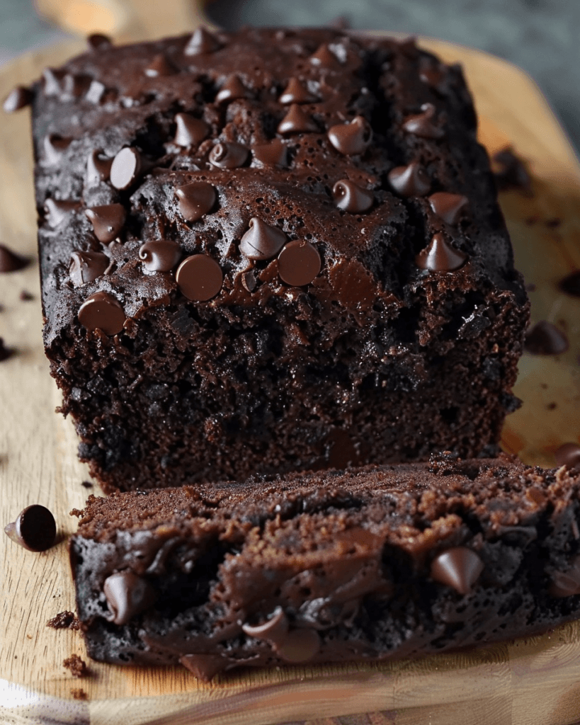 A rich and fudgy chocolate banana bread topped with melty chocolate chips, freshly sliced on a wooden board.