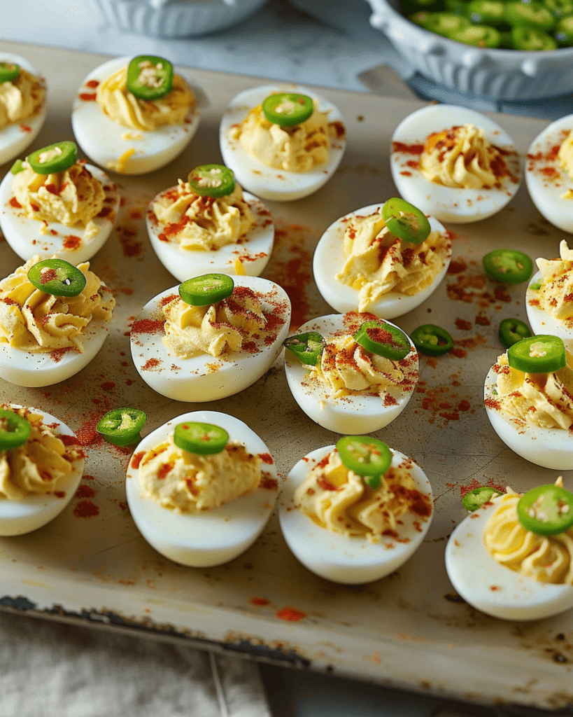 A tray of Jalapeño Popper Deviled Eggs, featuring creamy yolk filling piped into halved eggs, topped with paprika and sliced jalapeños.