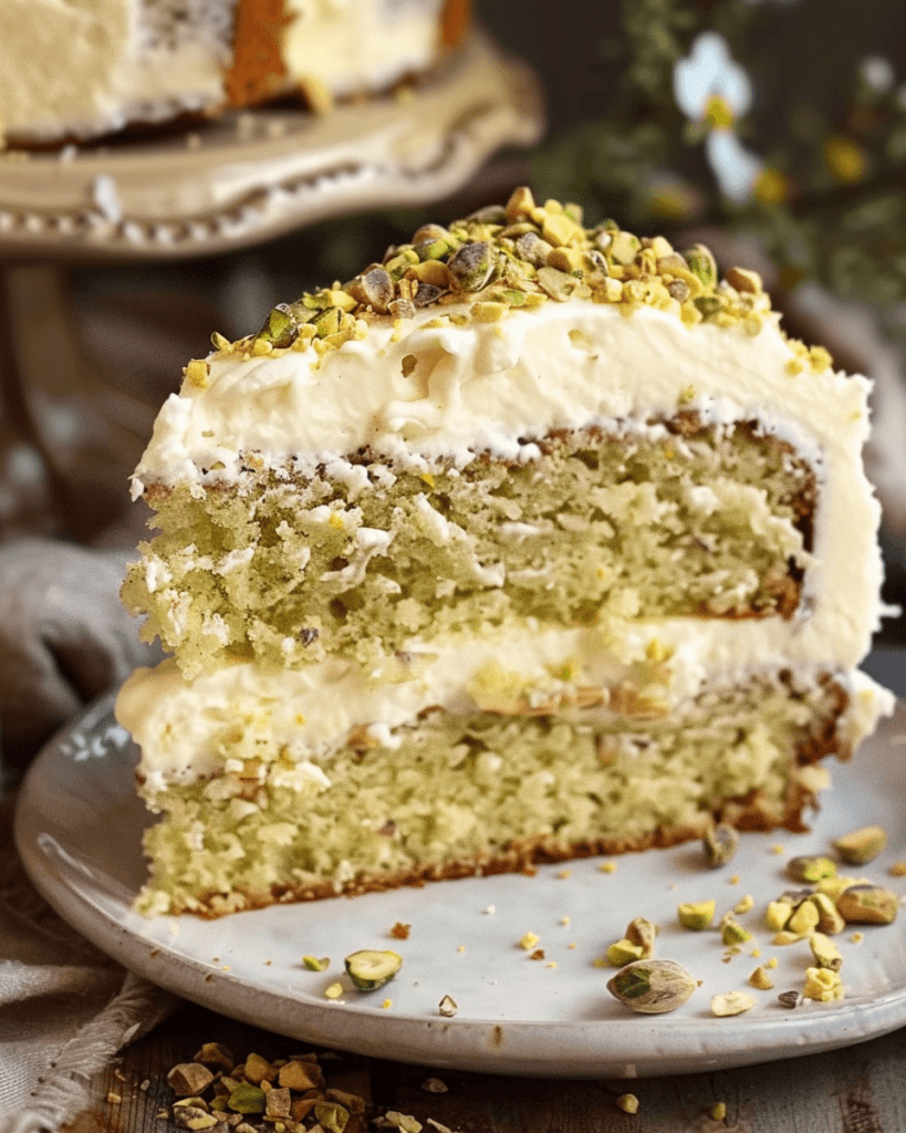 A slice of lemon pistachio cake with creamy frosting, topped with chopped pistachios, served on a plate with scattered pistachio pieces.