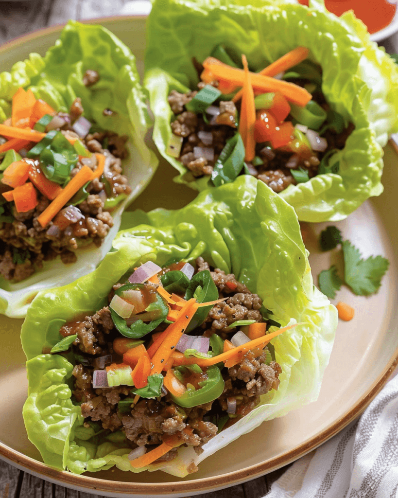 Fresh and colorful lettuce wraps filled with seasoned ground meat, diced vegetables, and garnished with carrots and green onions.