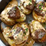 Crispy baked potato halves topped with juicy garlic butter steak bites and drizzled with a creamy, flavorful sauce, garnished with fresh herbs.