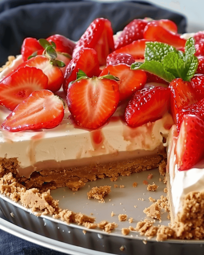 A No-Bake Strawberry Speculoos Pie with a creamy layered filling, a crunchy Speculoos cookie crust, and fresh sliced strawberries on top, garnished with mint.