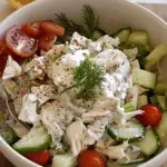 A fresh Tzatziki Chicken Salad with shredded chicken, cucumbers, cherry tomatoes, red onions, and creamy tzatziki dressing, garnished with dill.