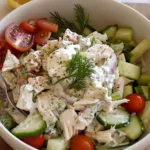 A fresh Tzatziki Chicken Salad with shredded chicken, cucumbers, cherry tomatoes, red onions, and creamy tzatziki dressing, garnished with dill.