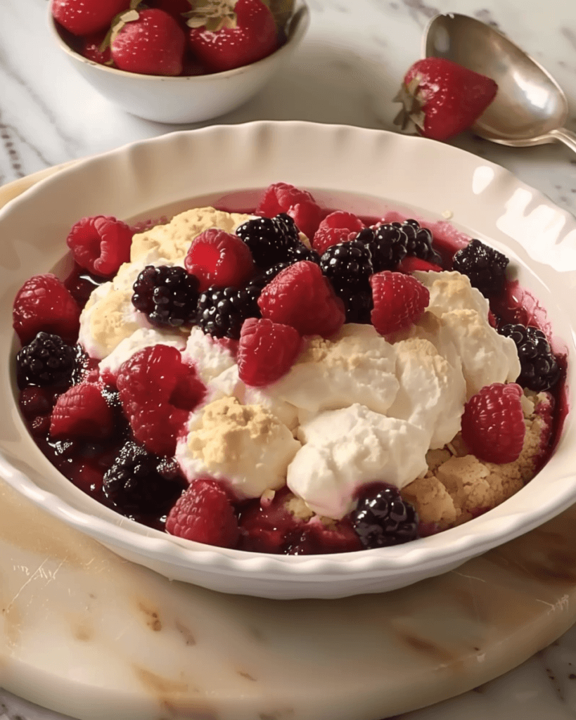 A bowl of mixed berry cobbler topped with fresh raspberries, blackberries, and dollops of whipped cream.