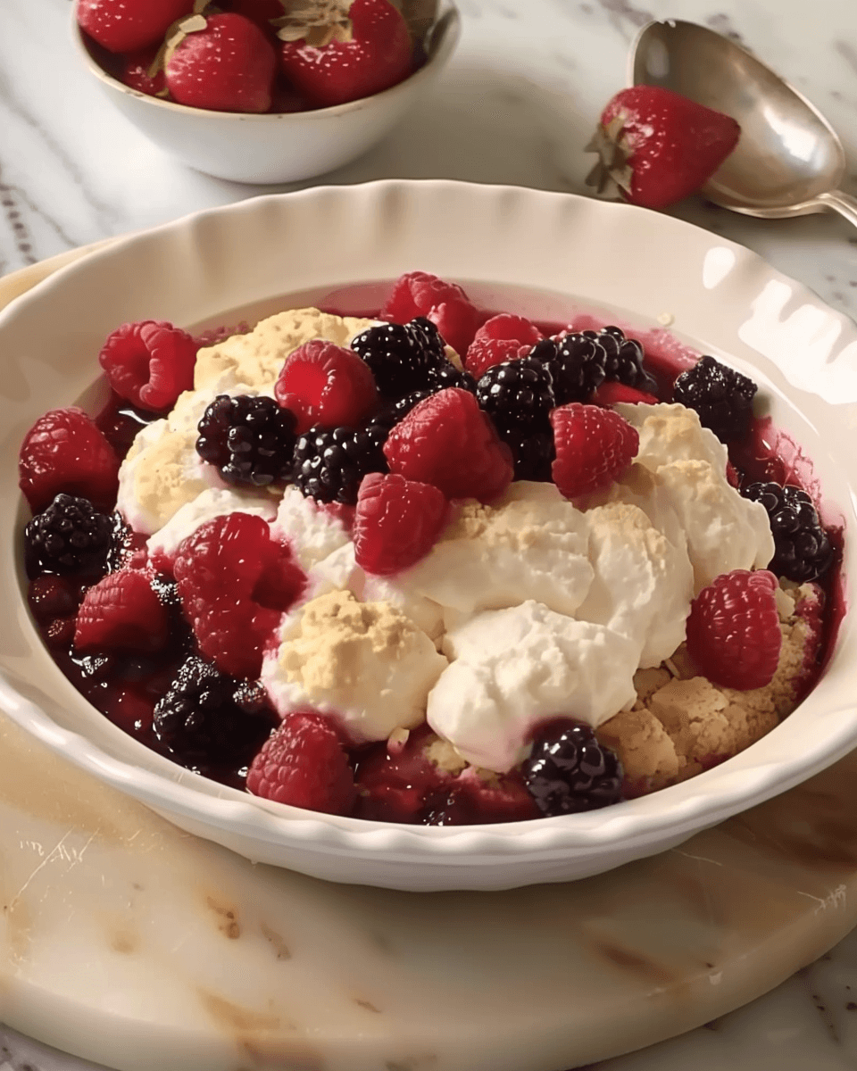A bowl of mixed berry cobbler topped with fresh raspberries, blackberries, and dollops of whipped cream.