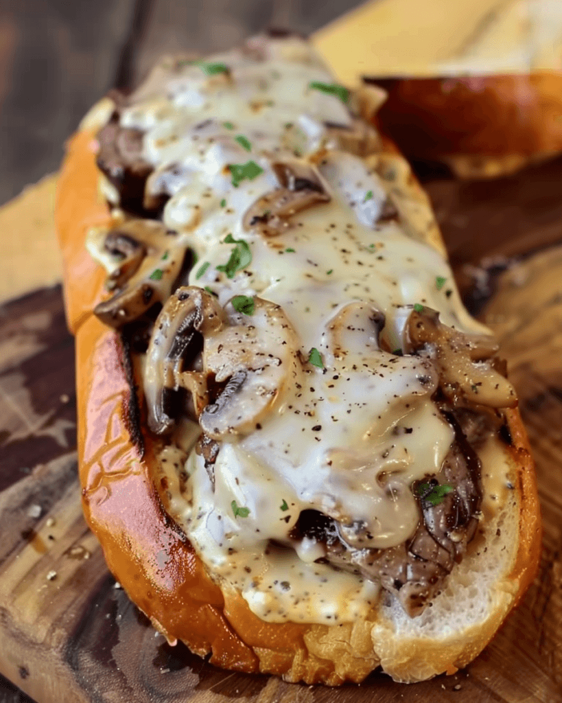 A close-up of a Mushroom Swiss Steak Sandwich with tender steak, creamy mushroom sauce, and melted Swiss cheese on a toasted bun.
