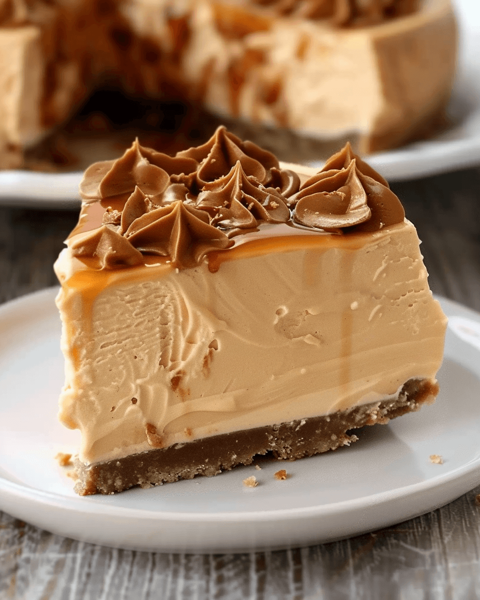 A slice of creamy no-bake Caramilk cheesecake with a buttery biscuit crust, topped with caramel drizzle and chocolate swirls.