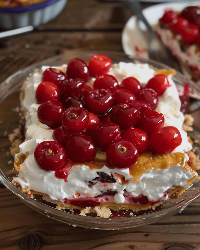 A delicious No-Bake Cherry Cheesecake Lasagna layered with graham cracker crust, creamy cheesecake filling, cherry topping, and whipped cream.
