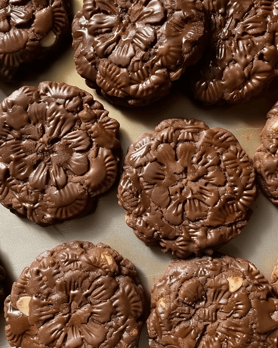 A batch of Classic No-Bake Chocolate Peanut Butter Cookies with a rich chocolate base, peanut butter pieces, and an intricate floral pattern on top.