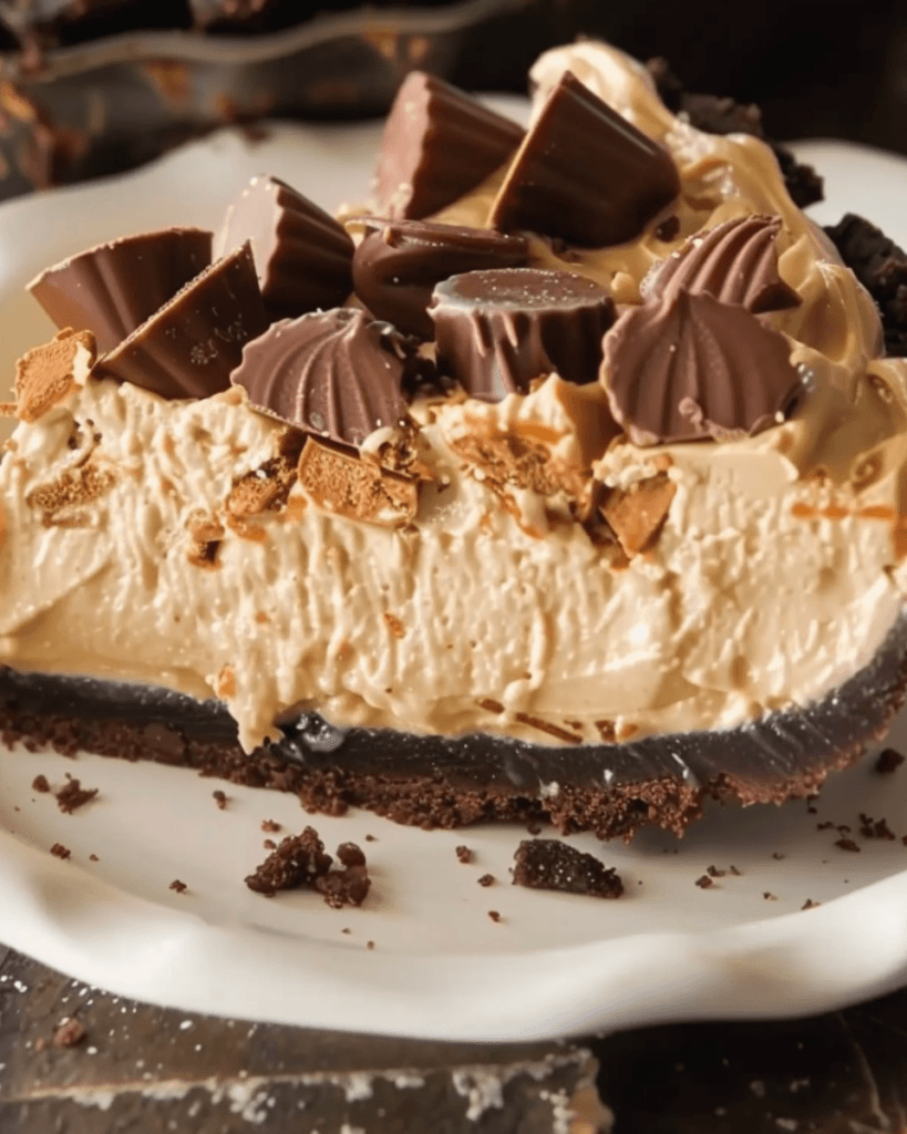 A close-up of a slice of no-bake peanut butter cup pie with a creamy peanut butter filling, chocolate cookie crust, and peanut butter cup topping.