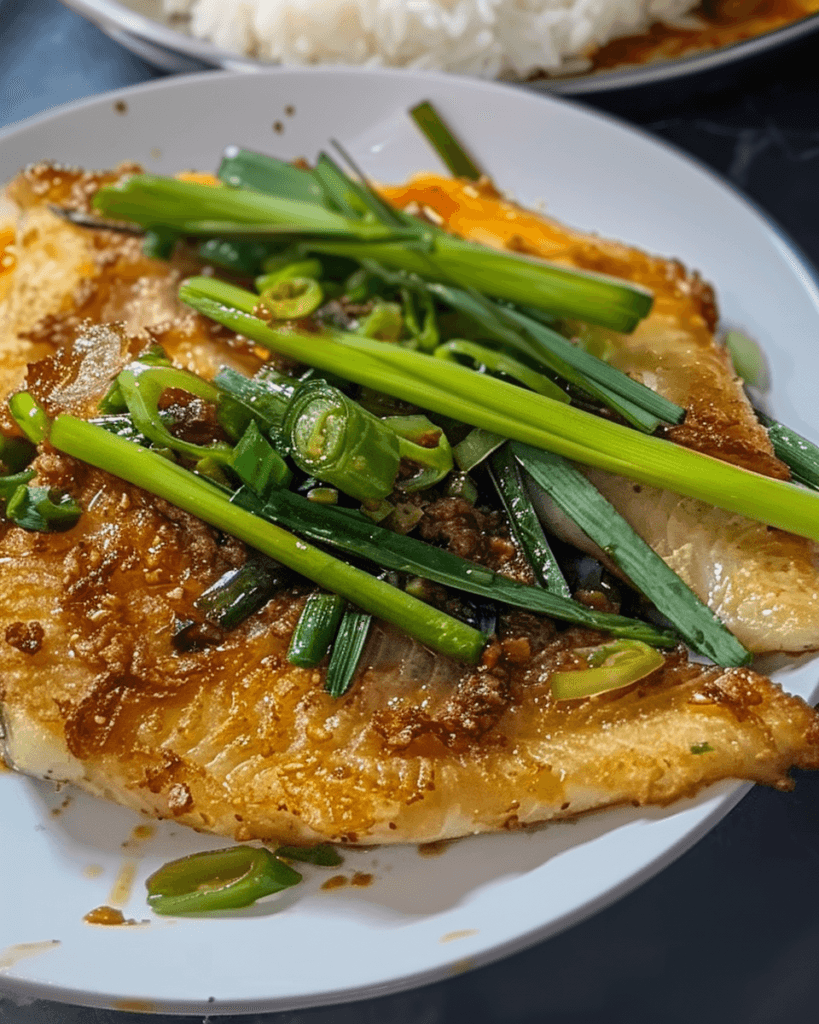 A plate of pan-seared fish fillet topped with fresh scallions, ginger, and savory soy sauce, served with a side of white rice.