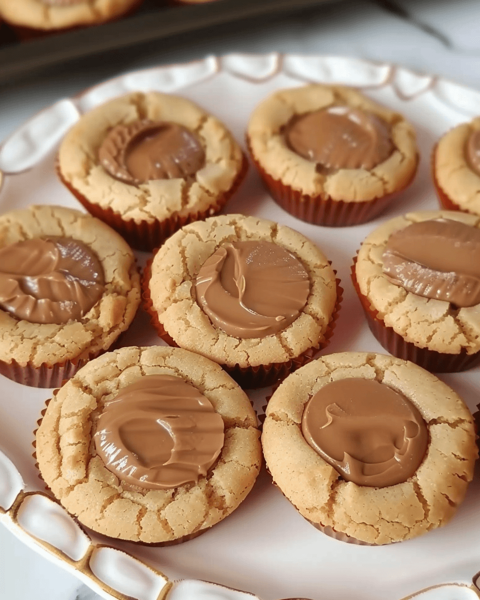 Peanut butter cup cookies in red liners, topped with melted chocolate, arranged on a white plate with a gold rim.