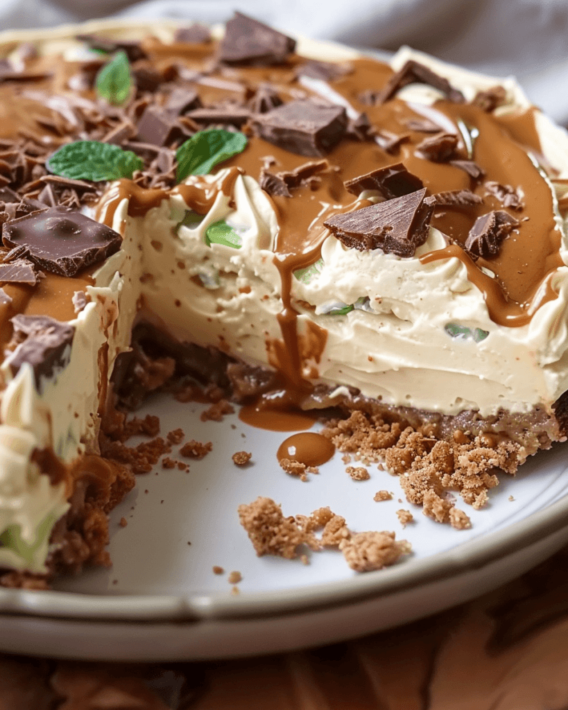 A close-up of a Peppermint Crisp Tart with a caramel-drizzled creamy filling, biscuit base, and chocolate peppermint pieces.