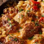 A close-up of a Philly Cheesesteak Pasta Skillet with melted cheese, seared meat, pasta, and garnished with fresh herbs.