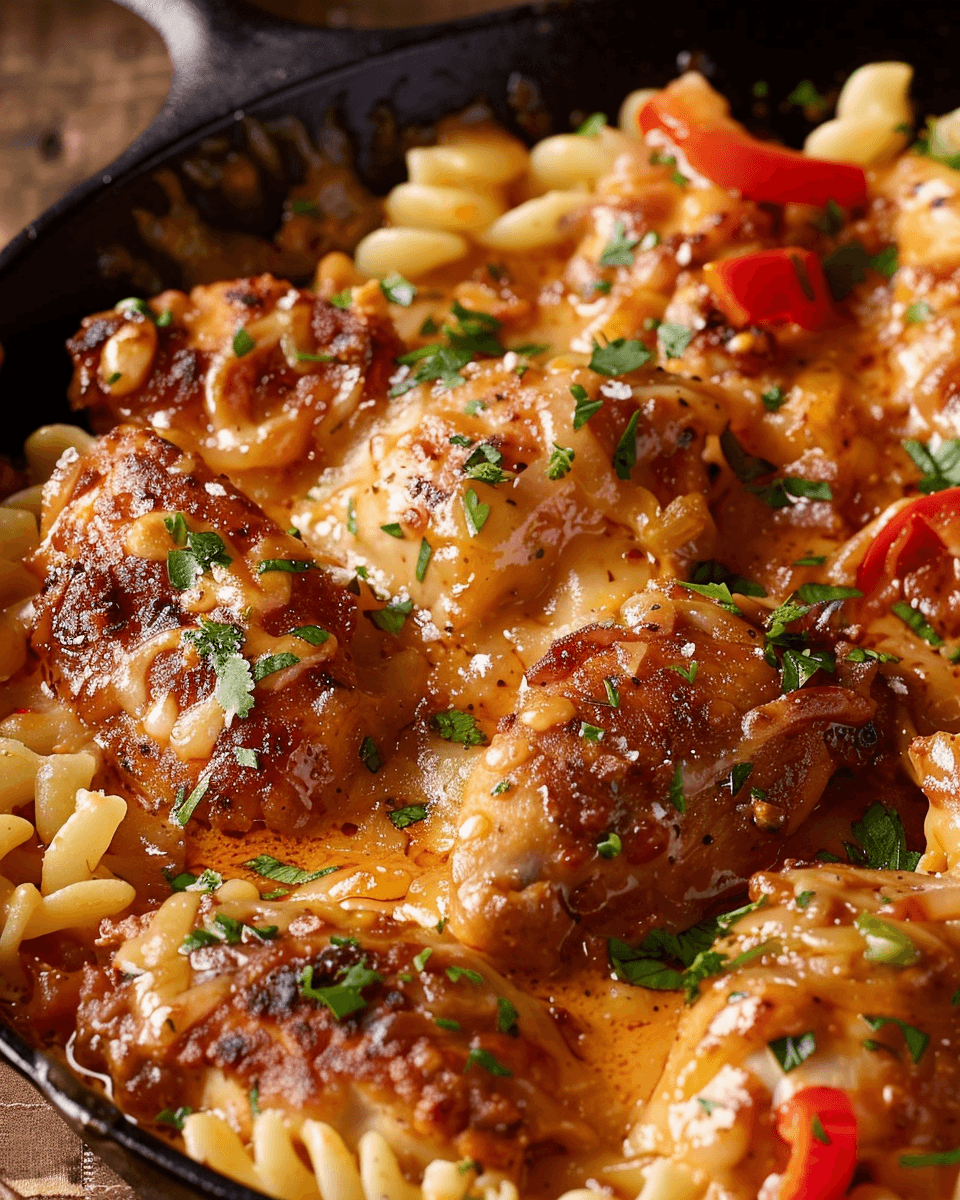 A close-up of a Philly Cheesesteak Pasta Skillet with melted cheese, seared meat, pasta, and garnished with fresh herbs.