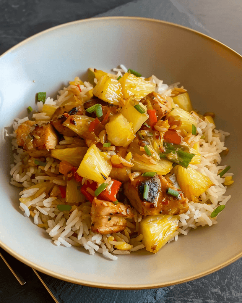 A bowl of pineapple chicken served over fluffy rice, featuring tender chicken, juicy pineapple chunks, colorful bell peppers, and green onions.