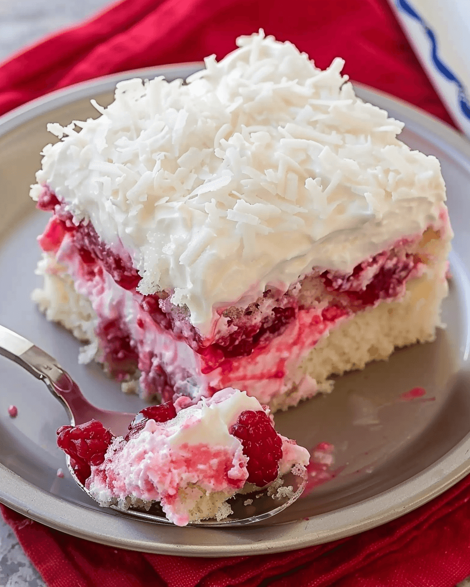 A slice of Raspberry Zinger Poke Cake with layers of white cake, raspberry filling, creamy whipped frosting, and shredded coconut.