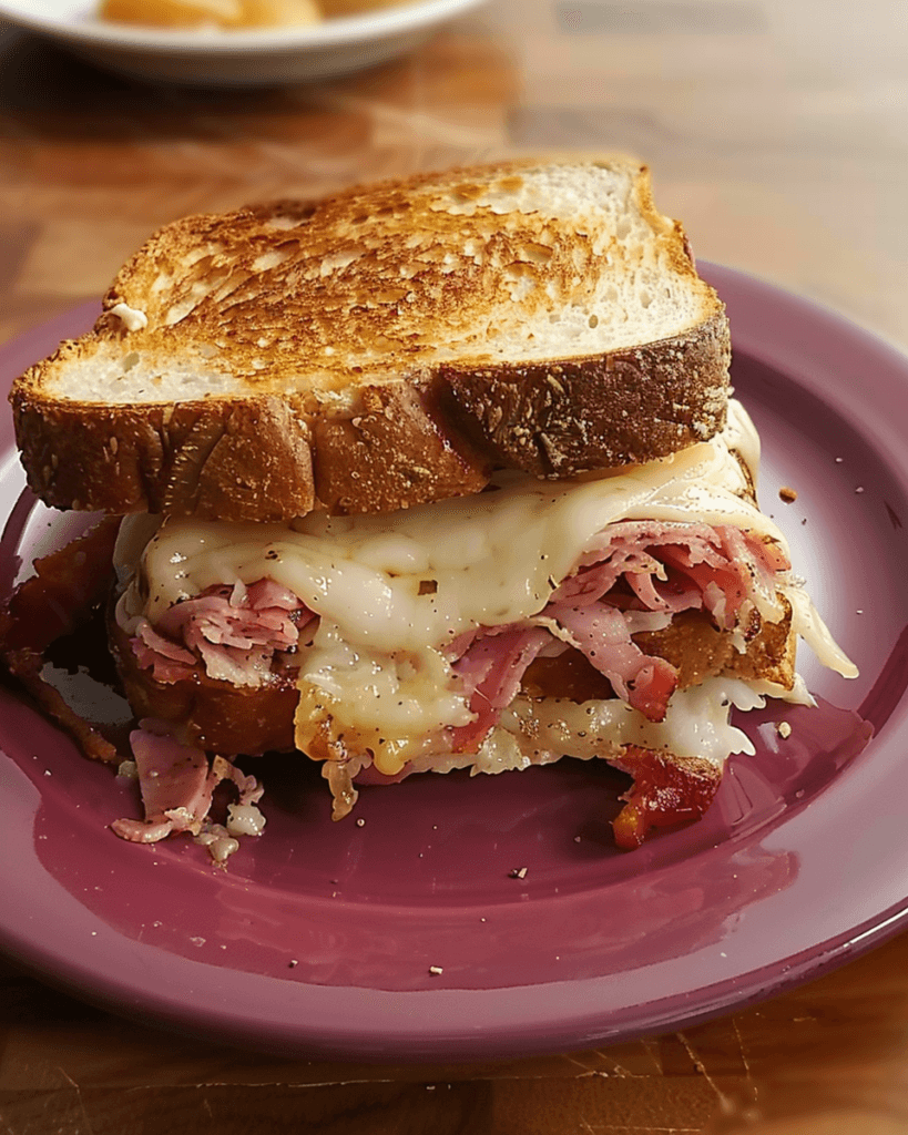 A melty Reuben sandwich with corned beef, Swiss cheese, and toasted rye bread, served on a purple plate.