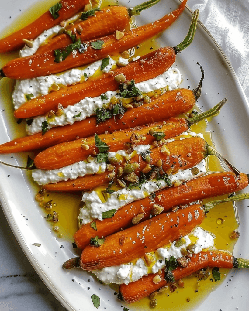 Roasted baby carrots with creamy whipped ricotta, drizzled with sweet and spicy hot honey, and garnished with toasted nuts and fresh herbs.