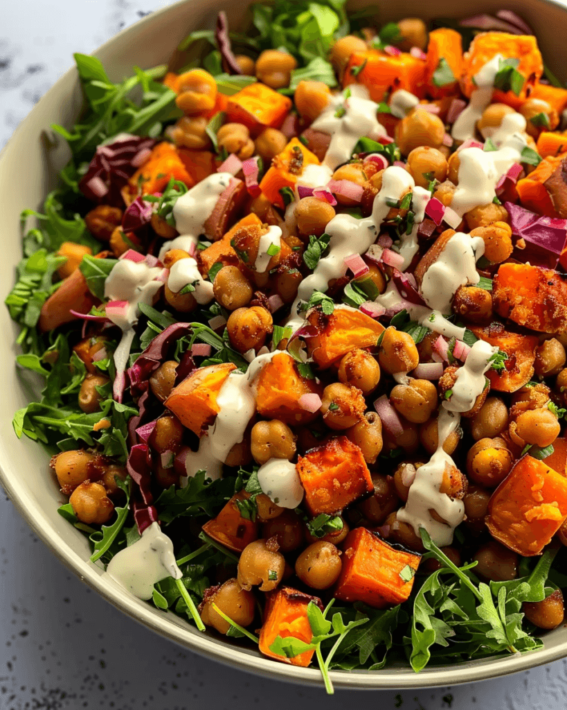 A vibrant salad bowl filled with roasted sweet potatoes, crispy chickpeas, red cabbage, arugula, and creamy dressing drizzle.