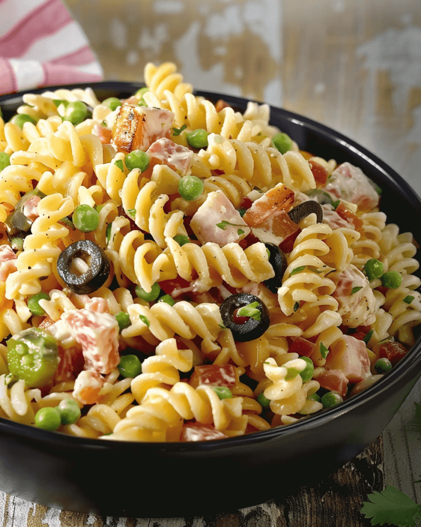 A vibrant bowl of homemade Ruby Tuesday-inspired pasta salad with rotini pasta, peas, green bell peppers, black olives, and a creamy ranch-mayo dressing.
