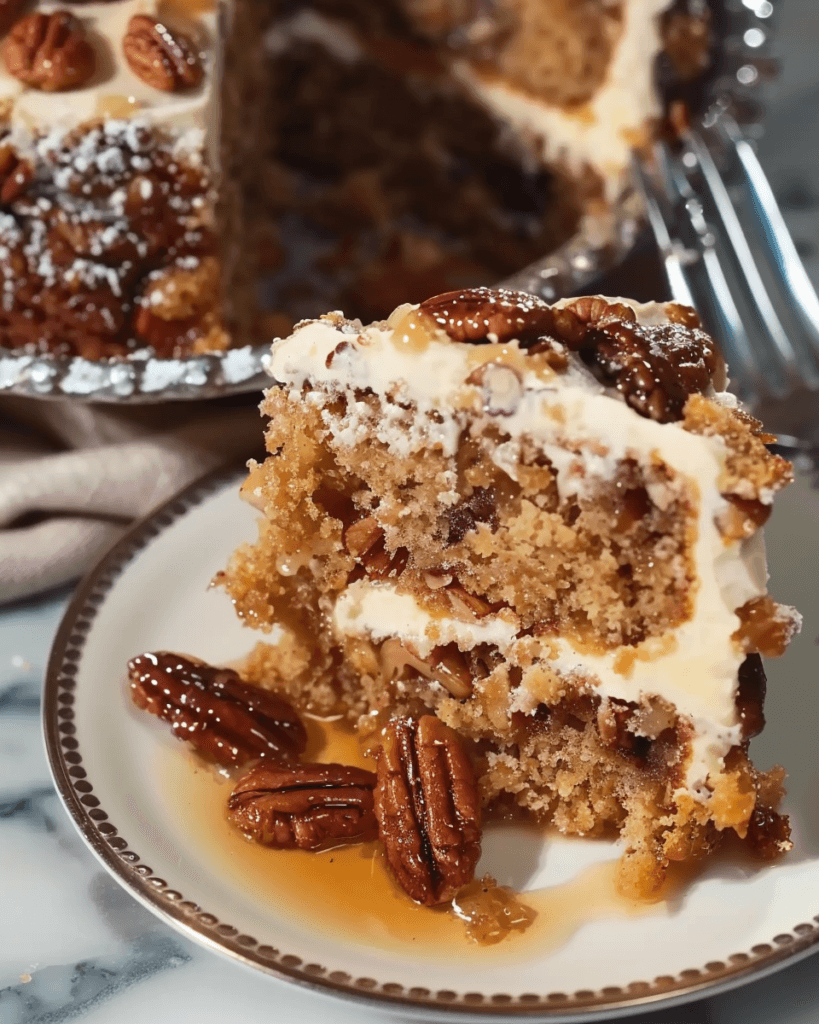 A close-up slice of rustic apple pecan cake with creamy frosting, glazed pecans, and a drizzle of syrup on a plate.