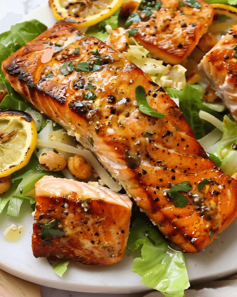 Grilled salmon fillets drizzled with a flavorful marinade, served over fresh greens with roasted chickpeas, Parmesan shavings, and grilled lemon slices.