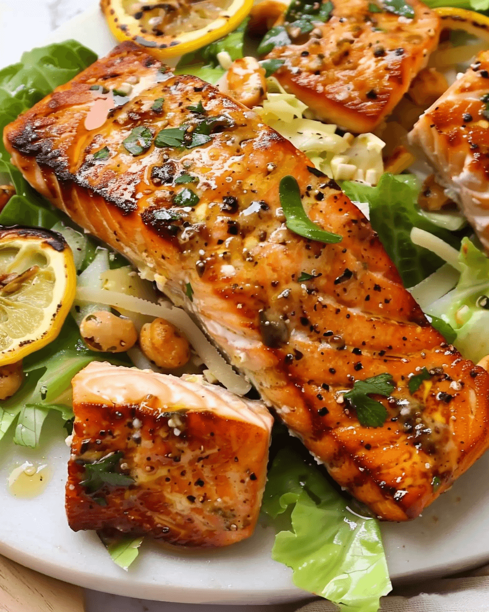 Grilled salmon fillets drizzled with a flavorful marinade, served over fresh greens with roasted chickpeas, Parmesan shavings, and grilled lemon slices.