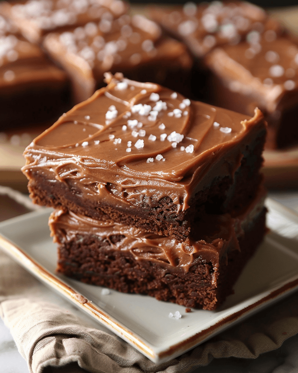 Soft and chewy chocolate sugar cookie bars topped with creamy salted caramel frosting and sprinkled with sea salt, stacked on a plate.