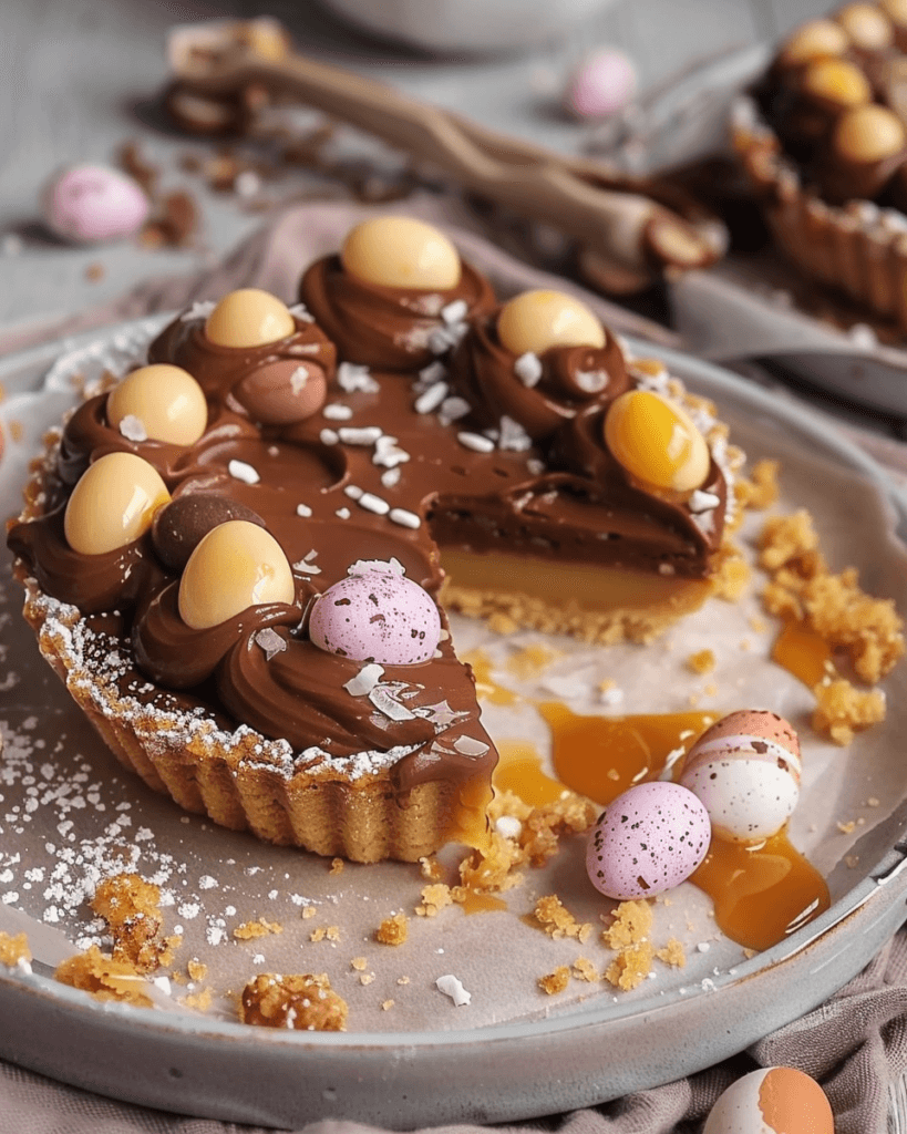 A no-bake salted caramel tart with a gluten-free biscuit base, topped with chocolate ganache and colorful mini eggs, served on a plate.