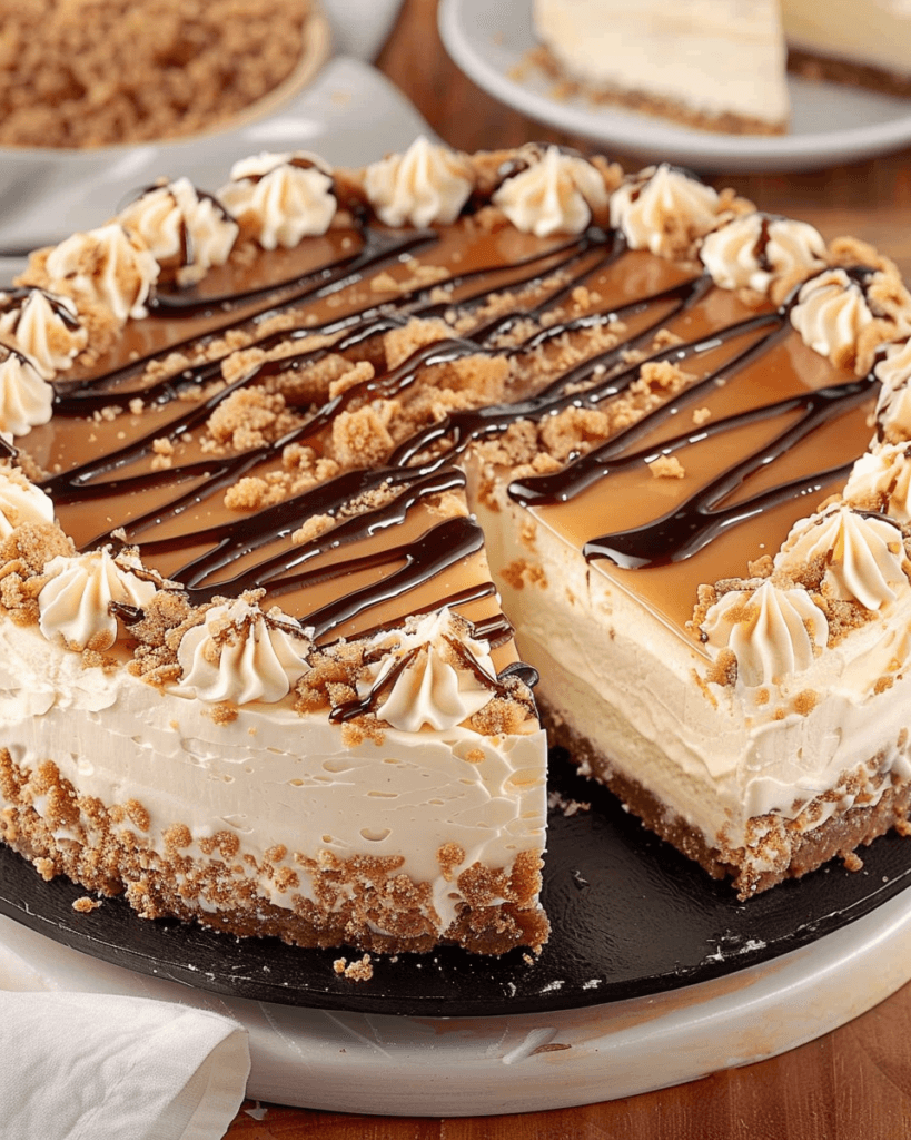 Samoa-inspired cheesecake with a graham cracker crust, caramel topping, chocolate drizzle, and whipped cream swirls, served on a black plate.