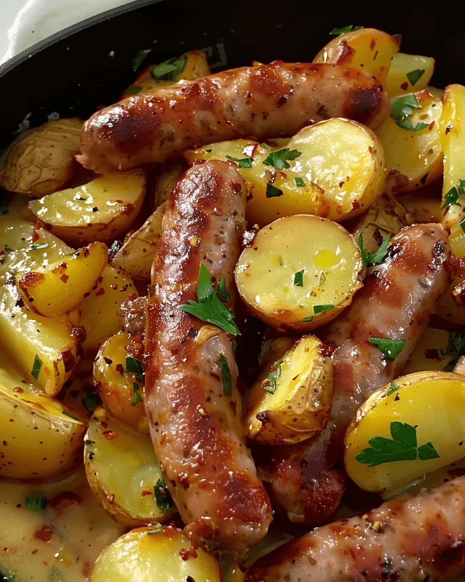 A delicious one-pan meal with crispy sausages, golden roasted potatoes, and fresh parsley, served in a savory sauce.