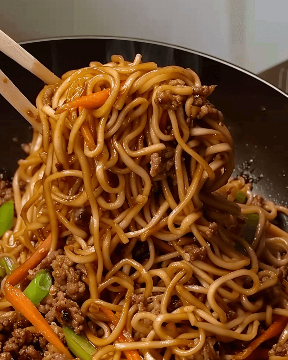 Chopsticks lifting saucy beef chow mein noodles from a wok with ground beef, carrots, and green onions