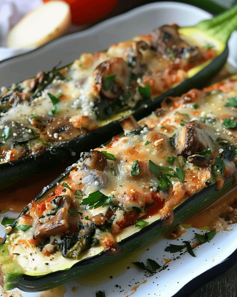 Stuffed zucchini boats filled with spinach, mushrooms, and ricotta cheese, topped with melted mozzarella and herbs on a white plate.