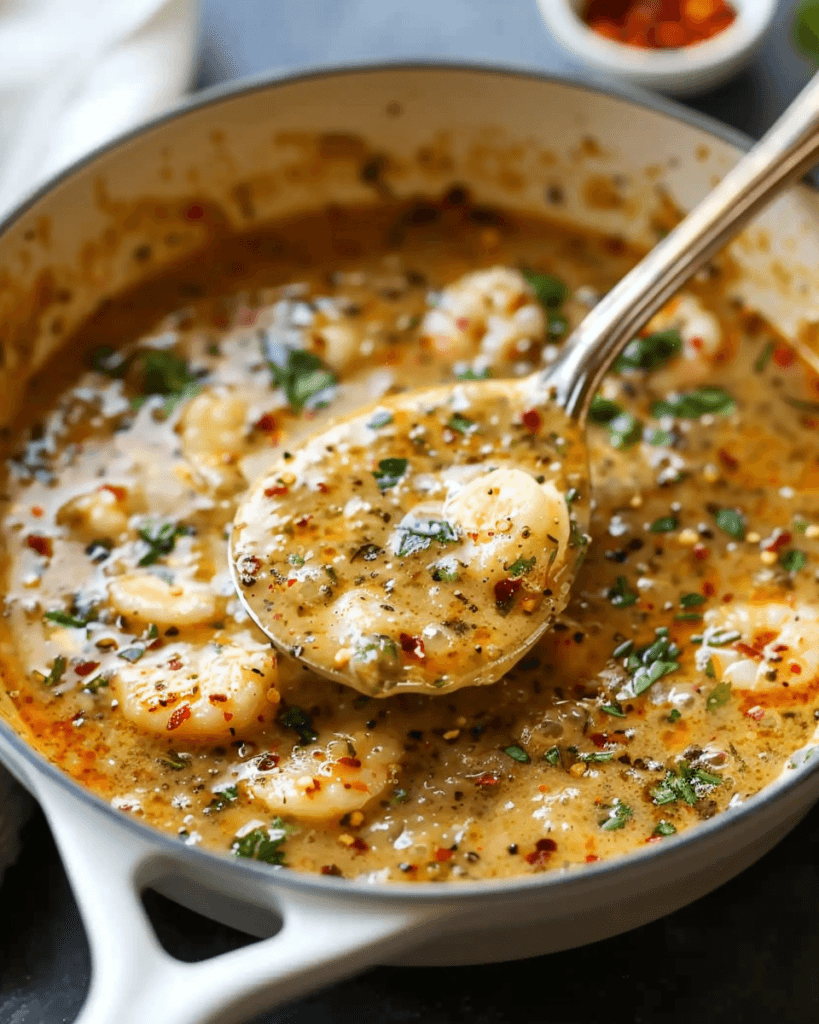 A rich and flavorful seafood garlic butter sauce with shrimp, herbs, and red pepper flakes in a skillet.