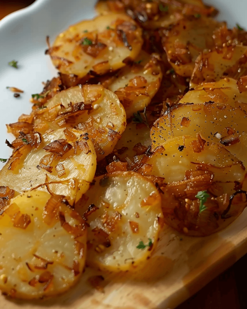 Sliced potatoes cooked in a slow cooker with Lipton onion soup mix, caramelized onions, and seasonings, garnished with fresh herbs.