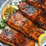 Smoked Cajun honey butter salmon fillets glazed with a rich, flavorful sauce, garnished with fresh parsley and served with lemon wedges.
