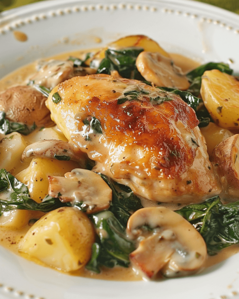 Golden brown smothered chicken with creamy spinach, mushrooms, and tender potatoes served on a white plate.