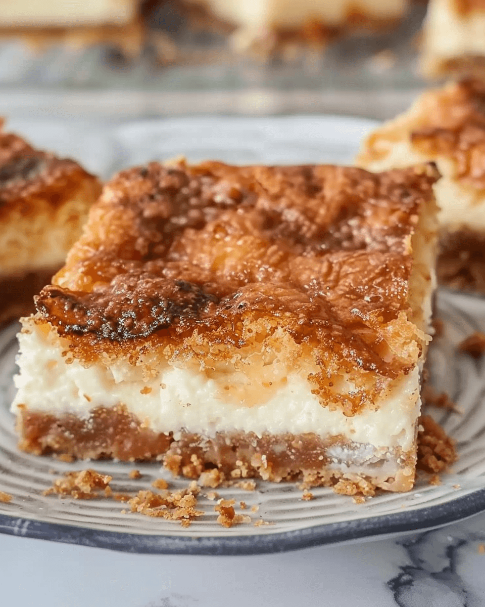A close-up of a Sopapilla Cheesecake Bar with a flaky crust, creamy cheesecake filling, and a golden cinnamon-sugar topping.